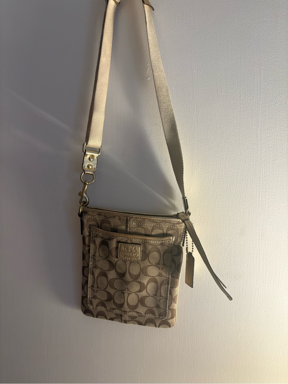 Coach Small Signature Canvas Crossbody in Khaki and Chalk